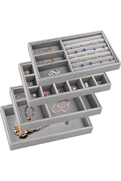 ABINO ABIN Set of 4 Jewelry Organizer Tray,Stackable Velvet Jewelry Trays,Dra...