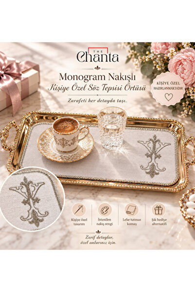THE ÇANTA Kişiye Özel Monogram Nakışlı Söz Tepsisi Örtüsü | Personalized Monogram Embroidered Engagement Tray Cover 1 ADET