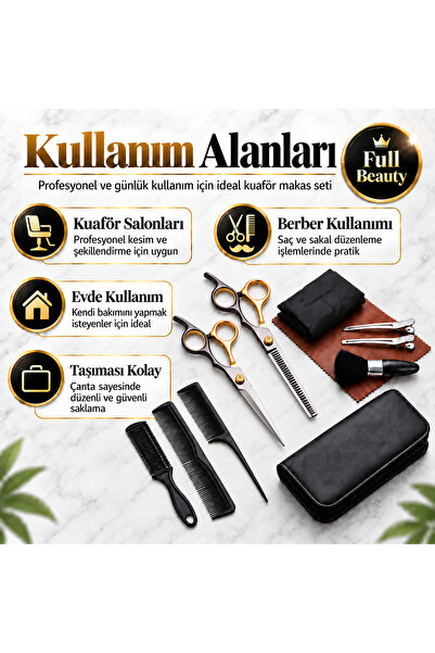 Mimlo 11 Parça Profesyonel Kuaför Makas Seti Düz ve Ara Makası 3 Tarak Klips Fırça Önlük Taşıma Çantalı