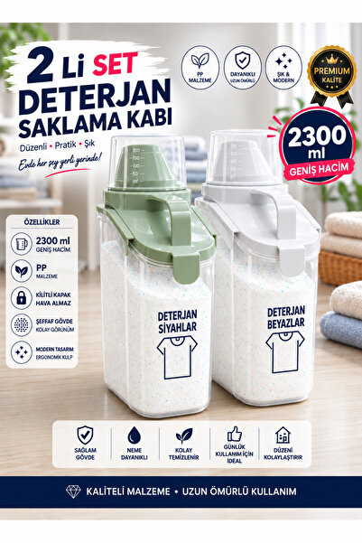 2’li Beyaz Ve Yeşil Kapaklı 1900 ml Hava Almaz Toz Deterjan Saklama Kabı Çift Contalı Banyo Organizeri