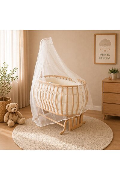 Baby Plus Sepet Beşik Doğal Ahşap Sallanabilir