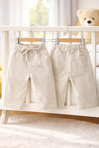 Tuffy Kids Unisex Krem Denim Pantolon – Bağlama Kuşaklı Lastikli Bel