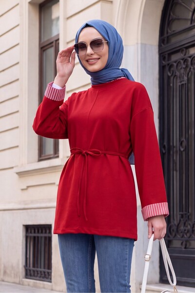 Modamorfo Slit Crew Neck Combed Cotton Sweatshirt with Tie at the Waist -Red