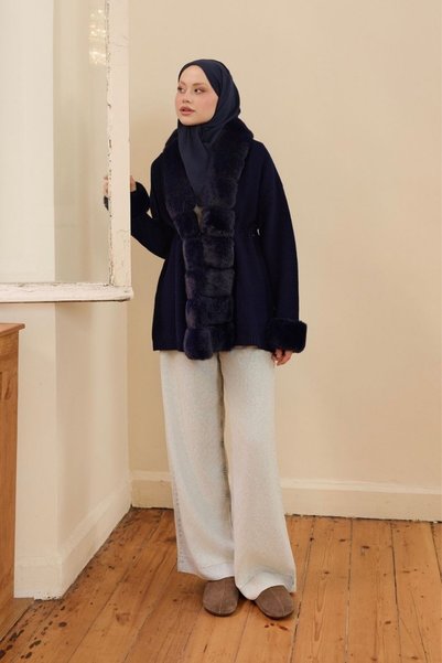 Şule Giyim Jessi Fur Knitwear Jacket Navy Blue