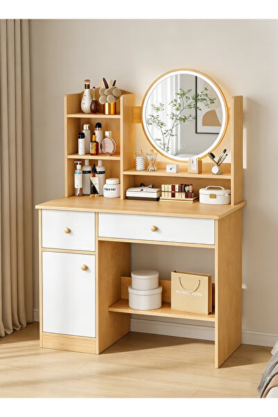 GGEROU Wood Grain Dressing Table with LED Round Mirror, Drawers & Cabinet, Mu...