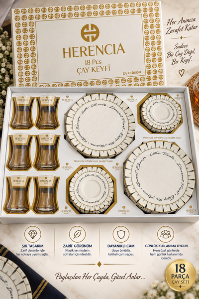 Herencia 18 Parça 6 Kişilik Gold Detaylı Yazılı Çay ve Pasta Seti – 6 Çay Bar...