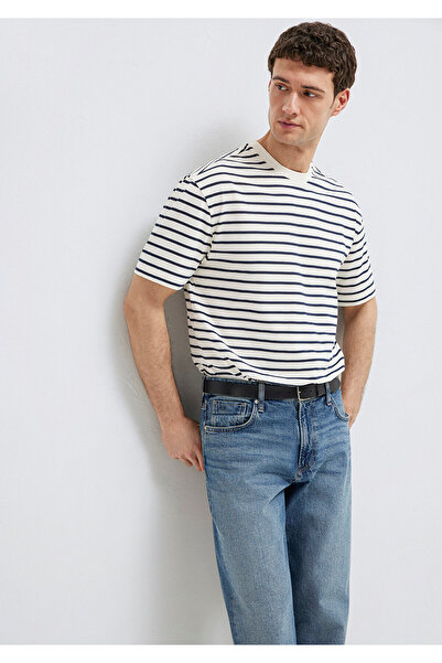 Mavi Lacivert Çizgili Ekru Tişört Loose Fit / Bol Rahat Kesim 0613274-30651