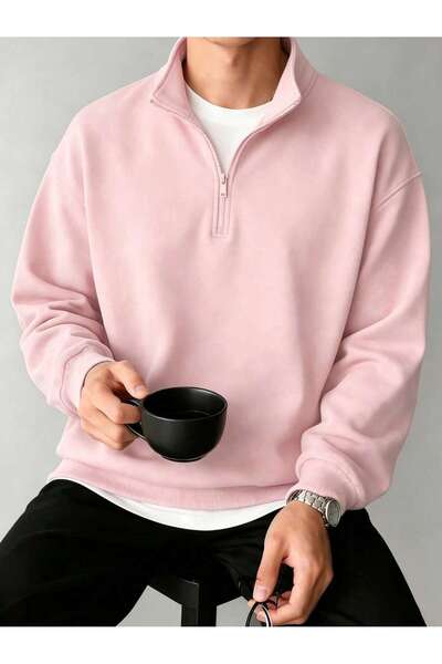 Mythologie 3 Thread Pink Basic Plain Half-Zip Sweatshirt - Oversized Stand-Up...