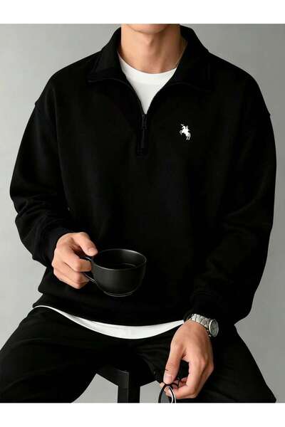Mythologie Black Spirit Horse Logo Half-Zip Sweatshirt - Printed Oversize Sta...