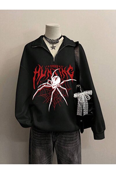 Mythologie 3 Thread Black Spider Half-Zip Sweatshirt - Printed Oversized Stan...