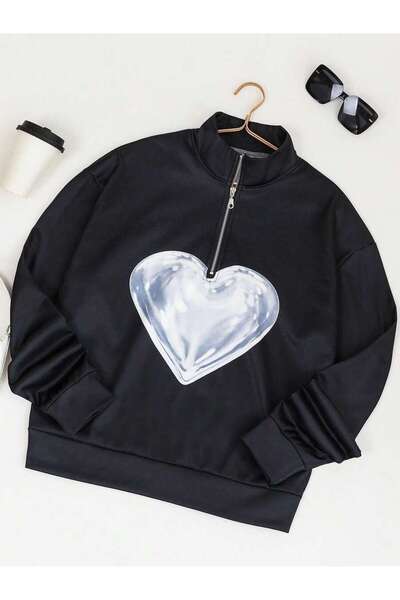 Mythologie 3 Thread Black Big Heart Pattern Half Zipper Sweatshirt - Printed ...