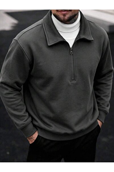 Mythologie Smoked Basic Plain Half-Zip Sweatshirt - Oversized Stand-Up Collar