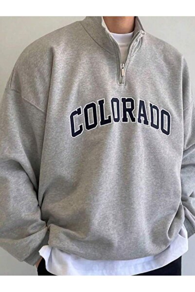 Mythologie 3 Thread Gray Colorado Half-Zip Sweatshirt - Printed Oversized Sta...