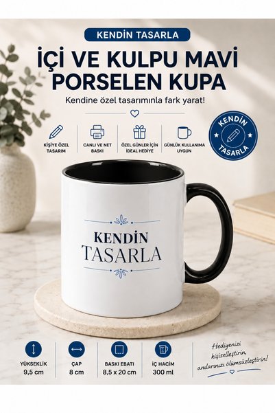 Tuba Kendin Tasarla İçi ve Kulpu Siyah Porselen Kupa Bardak – Kişiye Özel Fot...