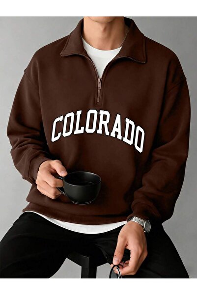 Mythologie 3 Thread Brown Colorado Half-Zip Sweatshirt - Printed Oversized St...