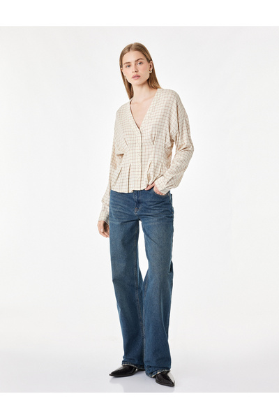 Koton Slim Fit Viscose Long Sleeve Buttoned V-Neck Checked Shirt with Pleated...