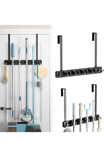 Generic Mop and Broom Holder Over the Door Broom Hanger, 4 Slots & 4 Hooks An...