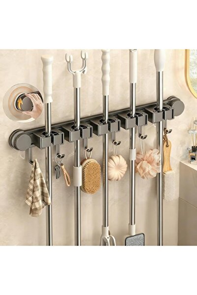 ALMEKAQUZ Mop Holder Wall Mount,Suction Cup Broom Hanger, 5 Slots, 6 Hooks, A...