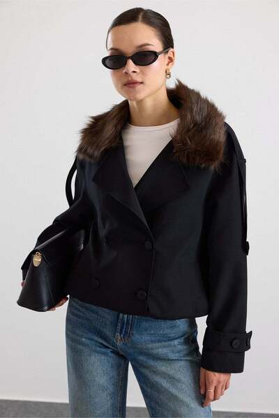 Olcay Removable Fur, Elastic Waist, Water Repellent Short Trench Coat Black 6909
