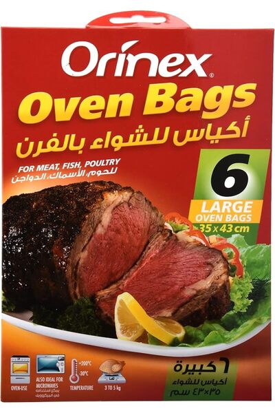Orinex أكياس للفرن 35/43 سم، كبيرة الحجم، 6 أكياس، شفافة