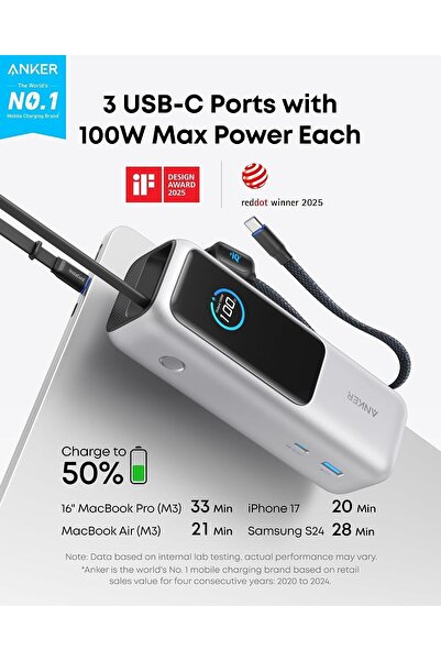 Anker شاحن محمول للكمبيوتر المحمول، بطارية احتياطية بسعة 25000 مللي أمبير، مع ثلاثة منافذ USB-C بقوة 100 واط لشحن أجهزة متعددة، مع كابلات قابلة للسحب، مناسب لسلسلة آيفون 16/15 وسامسونج وغيرها