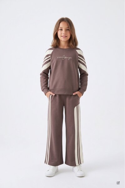 CansınMini Brown Girls' Text Printed Wide Leg Tracksuit Set with Ribbon Detai...