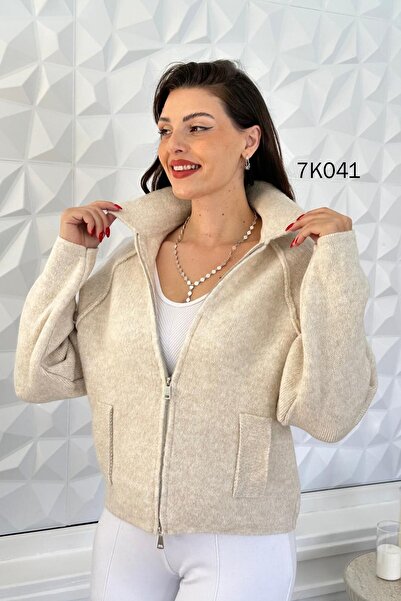 İnce Topuk Polo Collar Zippered Knitwear Cardigan 7K041