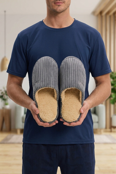 Beyond Men's Gray Thick Corduroy Winter House Slippers 3 cm Byndtnh01
