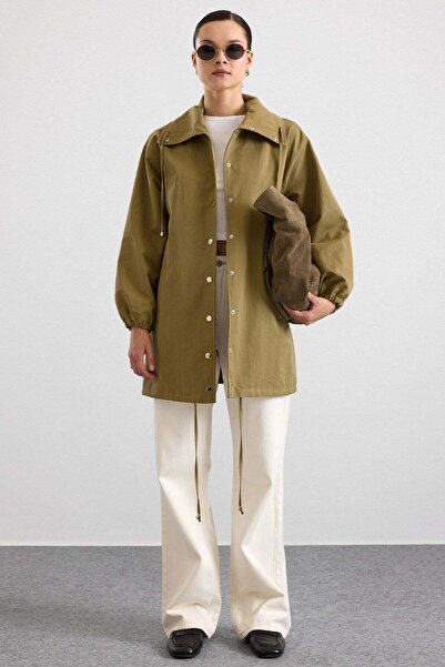 Olcay Casual Trench Coat with Stand Collar and Snap Closure A.Haki̇ 6917