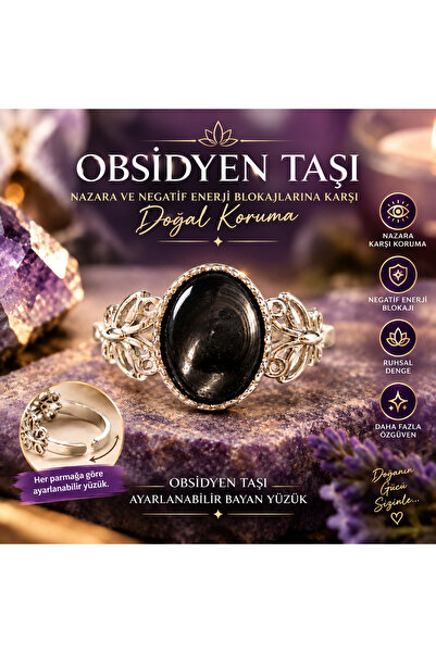 MİSTİK ŞİFA ATÖLYESİ Obsidiyen Taşı Yüzük – Ayarlanabilir Doğal Taş Yüzük – S...