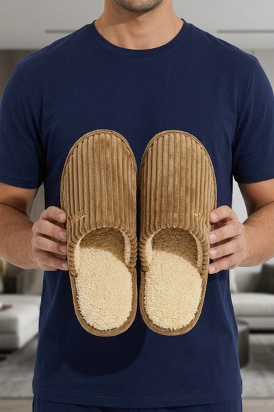Beyond Men's Camel Thick Corduroy Winter House Slippers 3 cm Byndtnh01