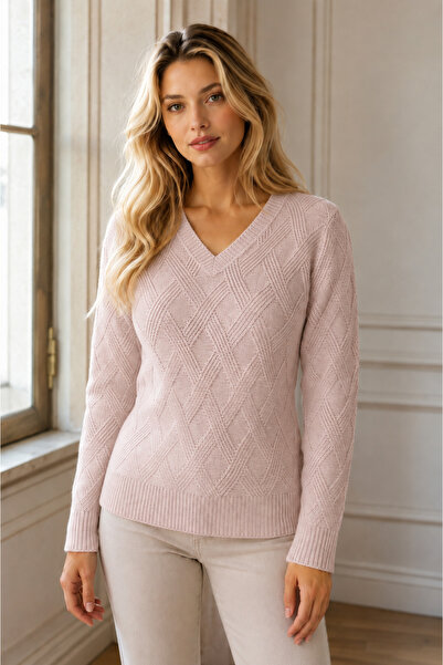 citystyle Women's Long Sleeve V-Neck Diamond Patterned Ribbed Detailed Soft S...