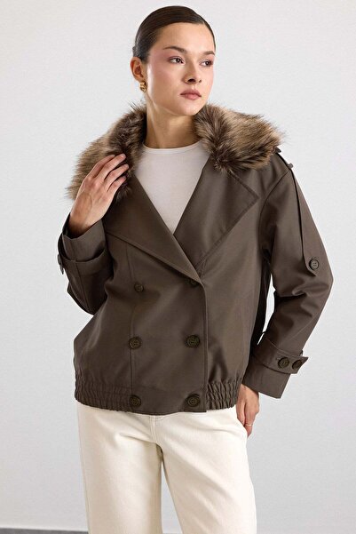 Olcay Removable Fur, Elastic Waist, Water Repellent Short Trench Coat Haki̇ 6909