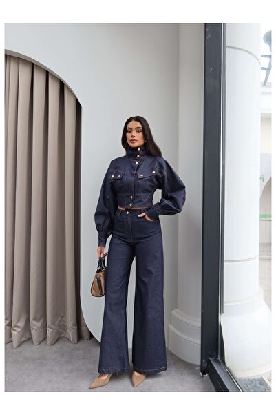 ESRAHELVACI Gold Çıtçıtlı Balon Kol Denim Takım
