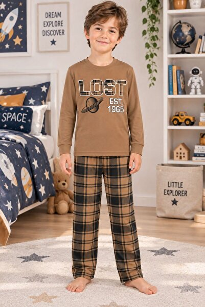 Maviş Kids Erkek Çocuk Pamuklu Kahverengi Ekose Desenli Uzun Kollu Pijama Takımı