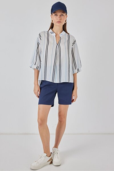 Modamorfo Women's Striped Oversize Blouse 967 - Light Blue