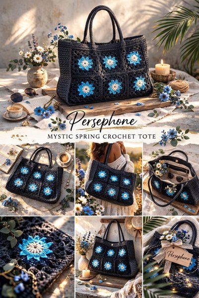 Nympha Persephone Kadın El Yapımı Örgü Çanta Siyah Mavi Çiçekli Granny Square Tığ İşi Bohem El Çantası