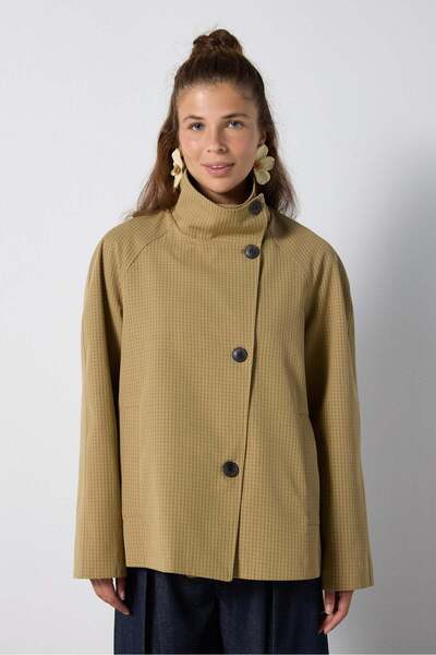 mina aise Women's Khaki Plaid Patterned Stand Collar Lined Trench Coat 32068