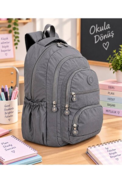 GreandBags Gri A Kalite Lüx Krınkıl Kumaş Çok Bölmeli Okul Çantası Günlük Çanta