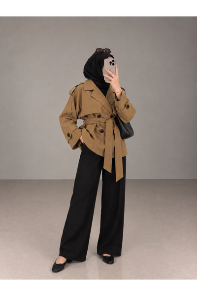 BNGL Boutique V-Neck Belted Trench Coat in Tan