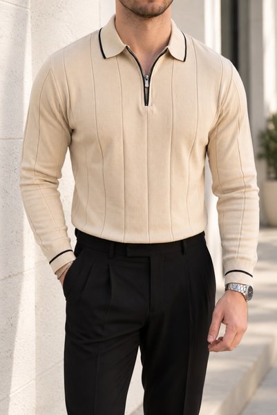 1434 Polo State Men's Contrast Piping Detailed Zippered Polo Collar Knitwear ...
