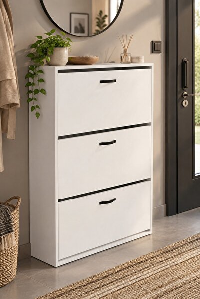 SuloraHome Düşer Kapaklı Beyaz Ayakkabılık 74 cm