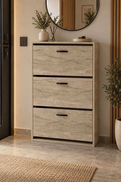 SuloraHome Düşer Kapaklı Ayakkabılık Ekru Traverten Desenli 74 cm