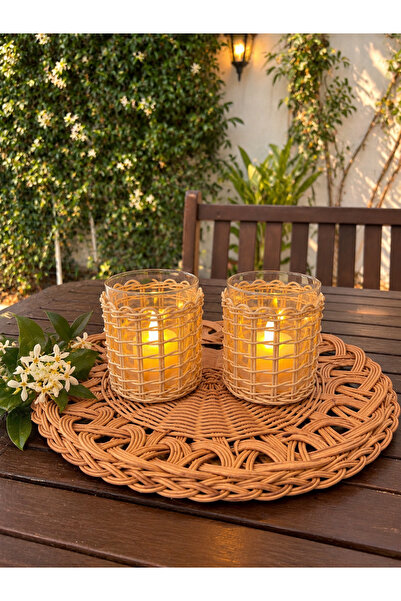 SEÇİL Rattan Supla ve 2’li Mumluk Seti | El Yapımı Boho Masa Dekoru
