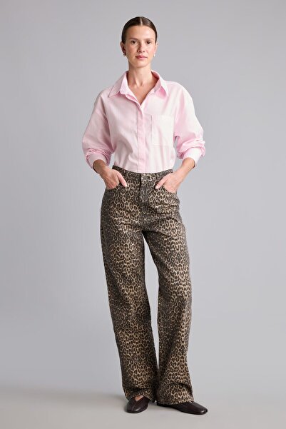DeFacto Leopard Patterned Straight Fit Pocketed Regular Waist Long Gabardine ...