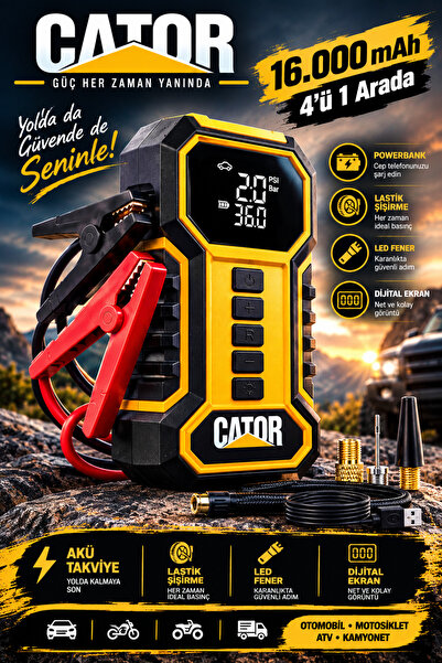 CATOR 16.000 mAh Taşıma Çantalı Hava Kompresörü & Powerbank & Led Işık & Akü ...