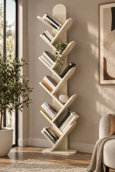 SuloraHome 10 Raflı Ekru Kitaplık 147 cm Traverten Desenli Dikey Kütüphane