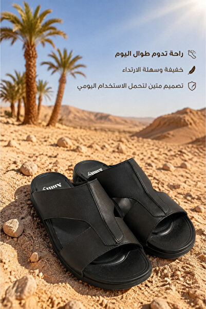 Generic Brand شباشب رجالية جلدية سوداء مفتوحة من الأمام بتصميم غير متماثل، مص...