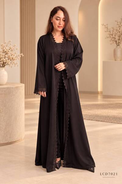 LINELLE Black Embroidered Floral Lace Nida Abaya