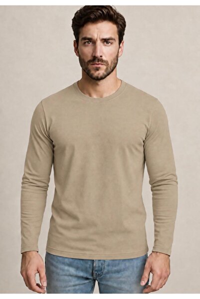 AXXEL Erkek Bej Pamuklu Likralı Süprem Uzun Kollu T-shirt-D240